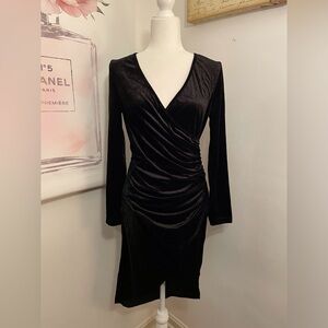 Velvety Long Sleeve Faux Wrap Dress Size M Black